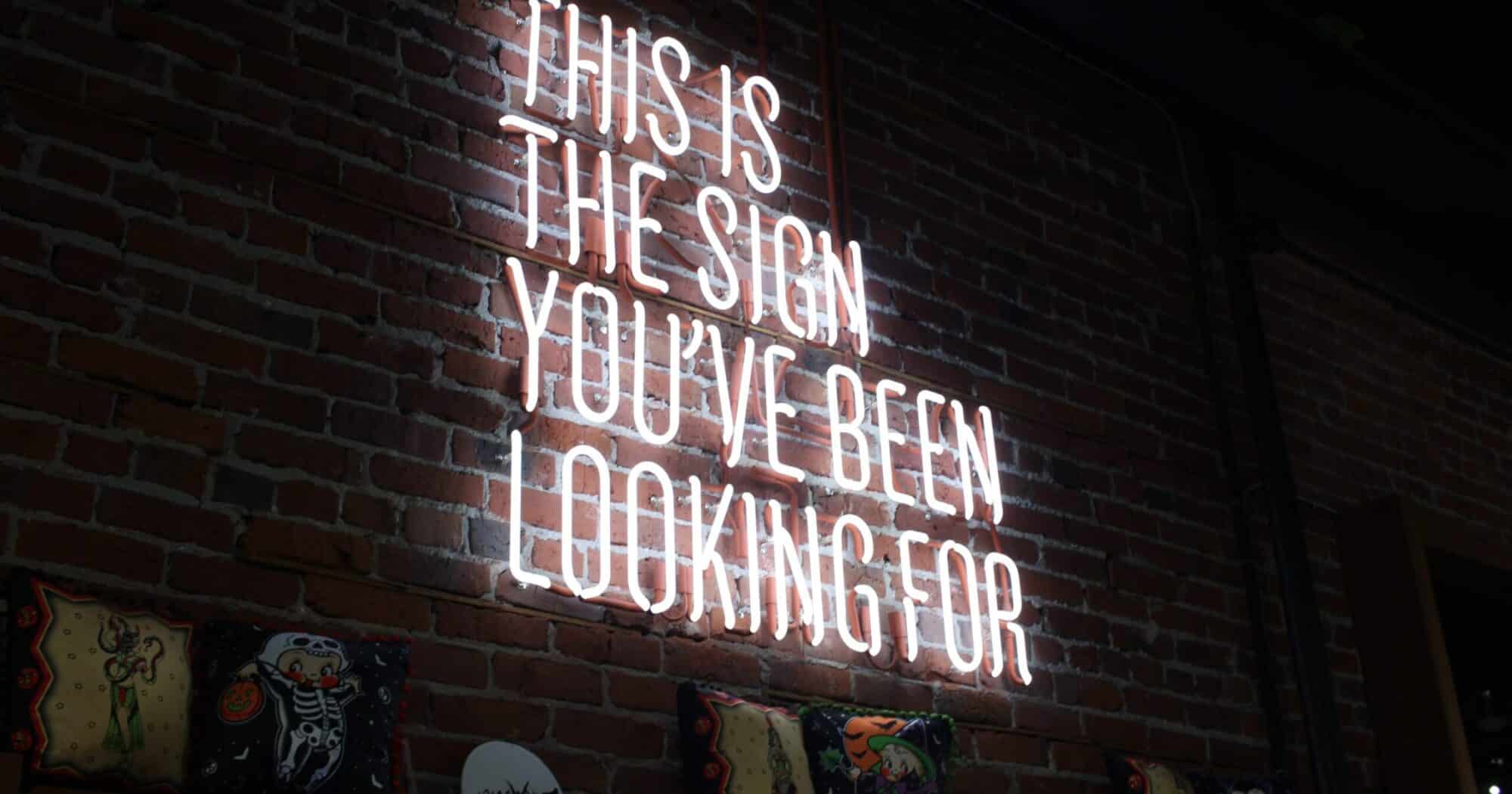 A neon sign that reads "This is the sign you've been looking for."
