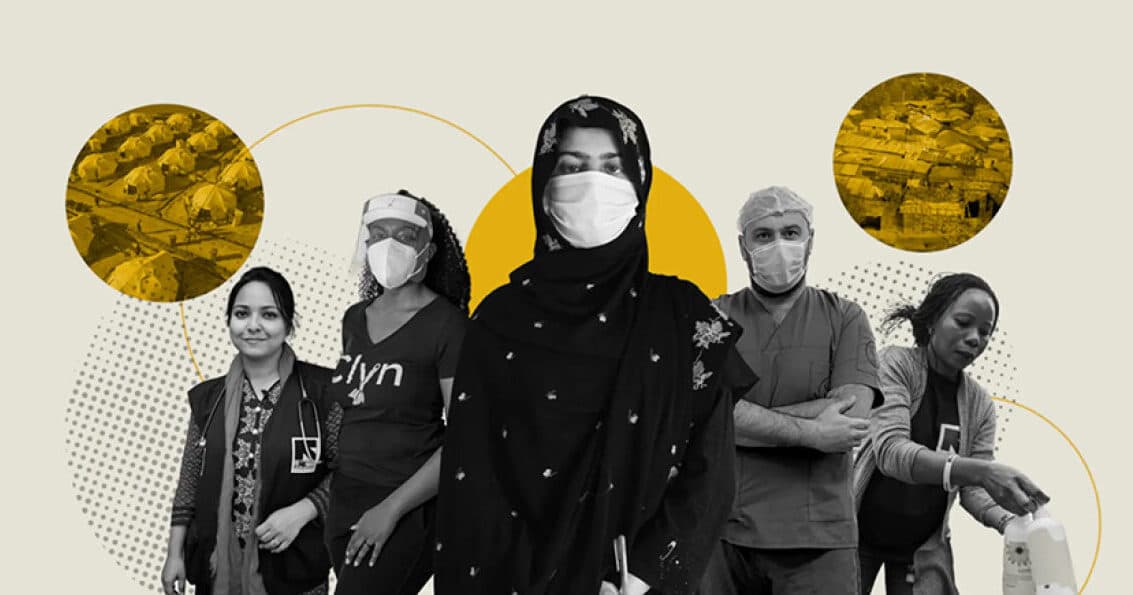 A collage of aid workers surrounded by geometric elements.