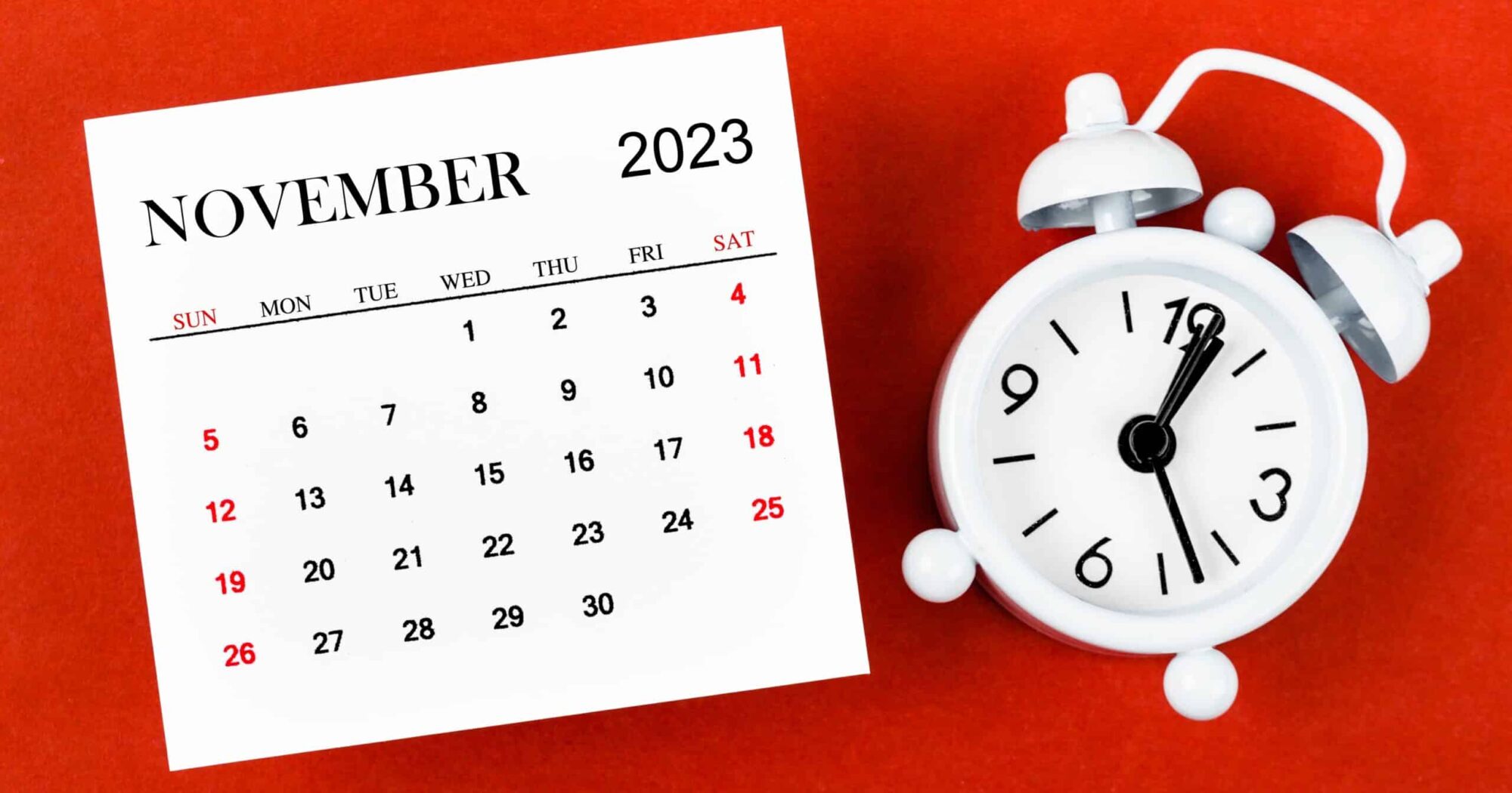 November,2023,Monthly,Calendar,Year,With,Alarm,Clock,On,Red