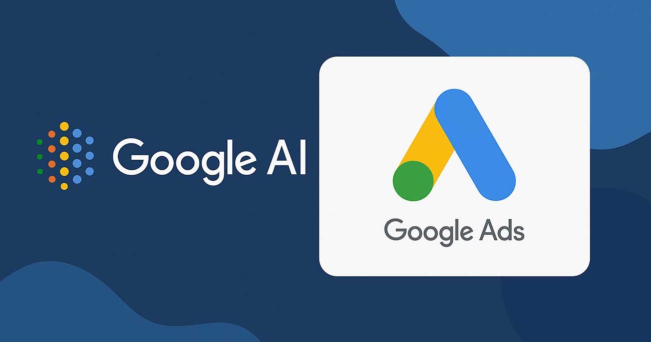 Google AI logo and text appear on a blue background next to the Google Ads logo, with "Google Ads" written below inside a white rectangle—perfect for addressing enrollment campaign questions.