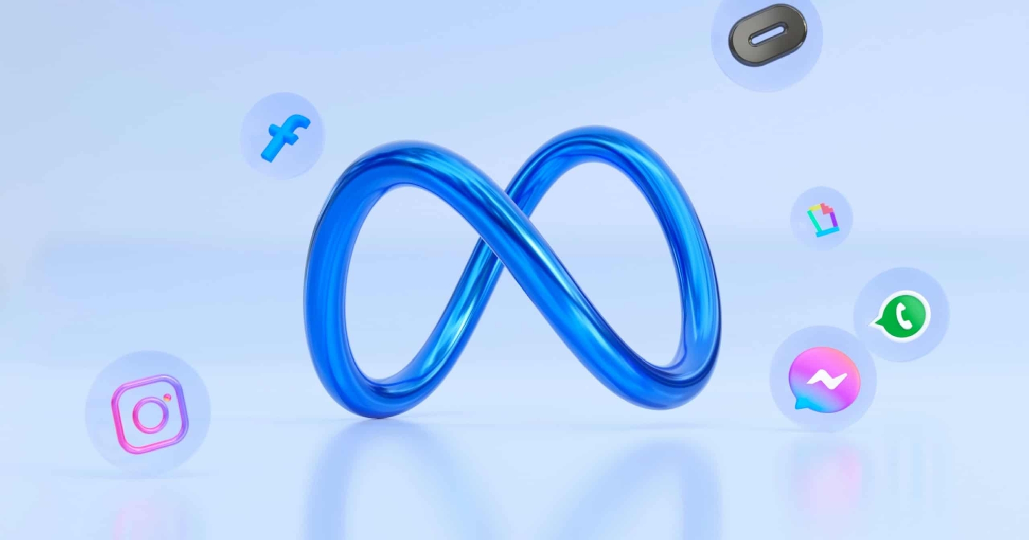 A shiny blue 3D infinity symbol stands upright, surrounded by floating icons of Meta-owned apps and digital symbols, evoking the connectivity of enrollment campaign questions on a light blue background.