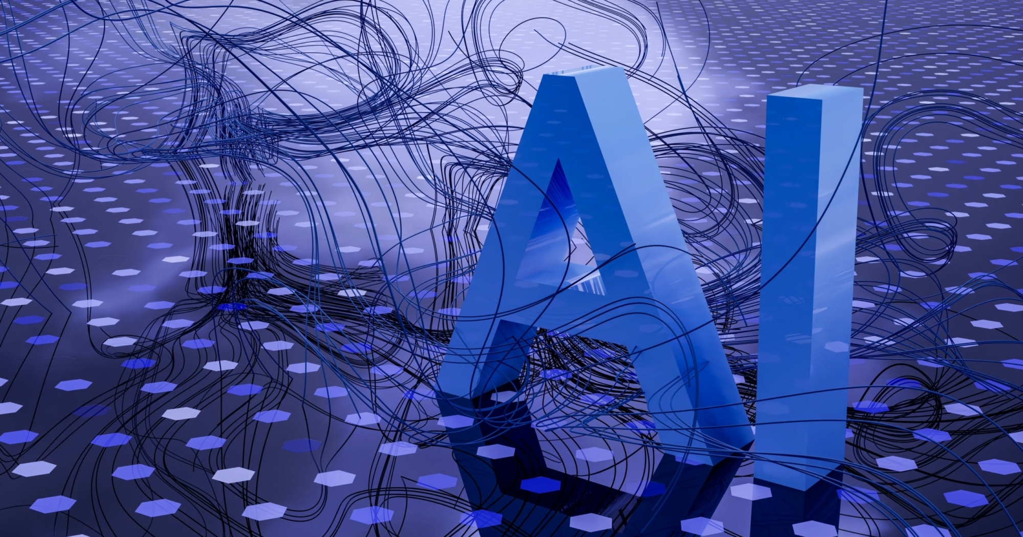 Large blue letters AI stand on a surface covered with hexagonal patterns, with abstract lines swirling around them, symbolizing artificial intelligence and digital connectivity—perfect for visually highlighting enrollment campaign questions.