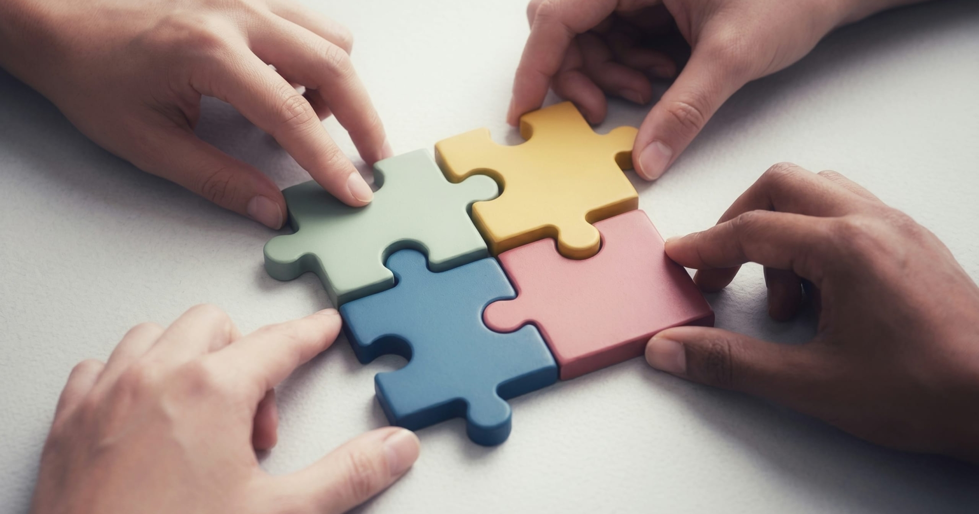 Four hands work together to connect four colorful puzzle pieces—green, yellow, blue, and pink—on a white surface, symbolizing teamwork and collaboration essential for driving consumer spending.