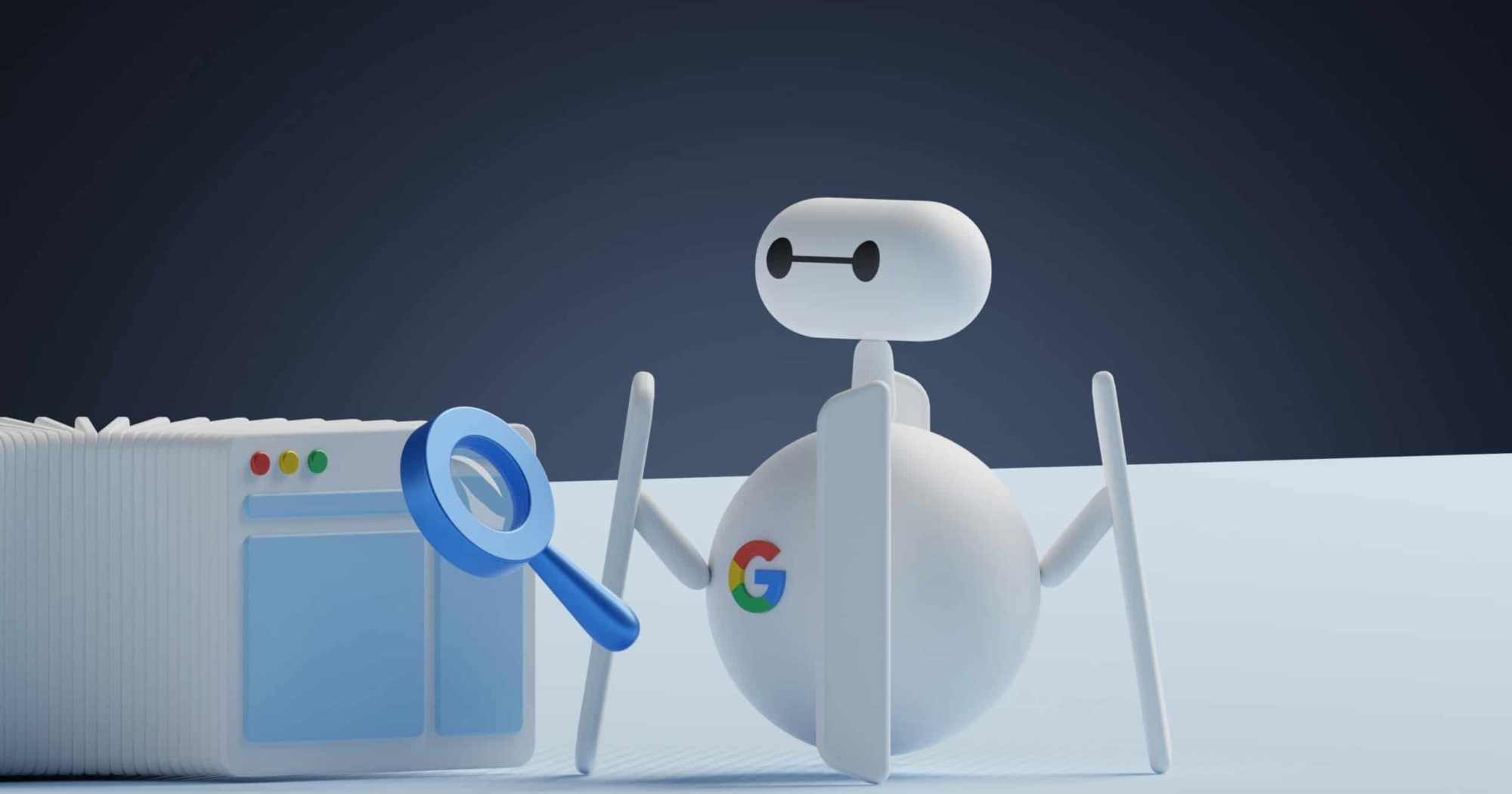 A white robot with a Google logo holds a blue magnifying glass near a web browser window, symbolizing web search or indexing, perhaps analyzing trends in consumer spending.